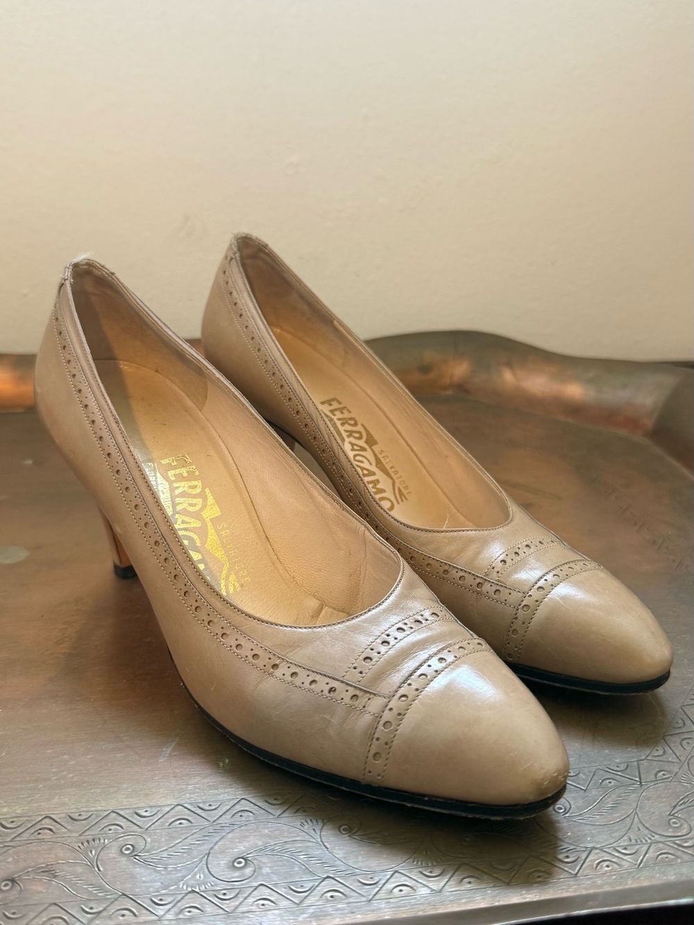 Vintage 1980’s Salvatore Ferragamo Taupe Leather Mid-Heel Pumps